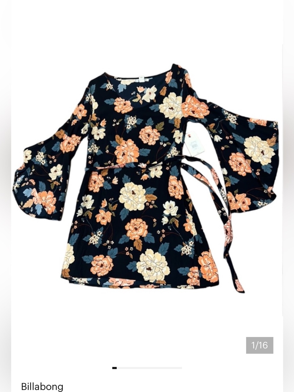 NWT Billabong Always Love Mini Dress Boho Wide Sleeves, Belt, Beach